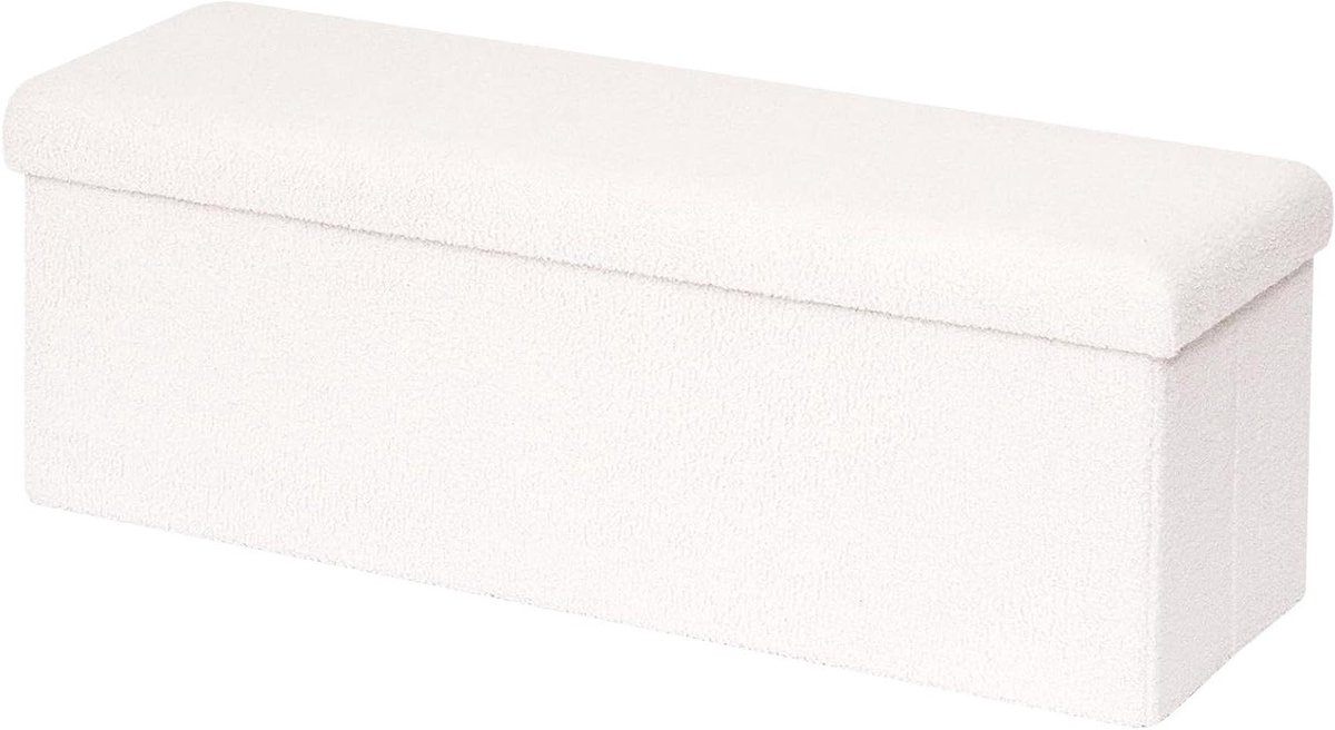 Opvouwbare Opbergbank - Ottomaanse Poef - Extra Opbergruimte - Gestoffeerd Teddyfluweel - 100 x 30 x 35 cm - Wit