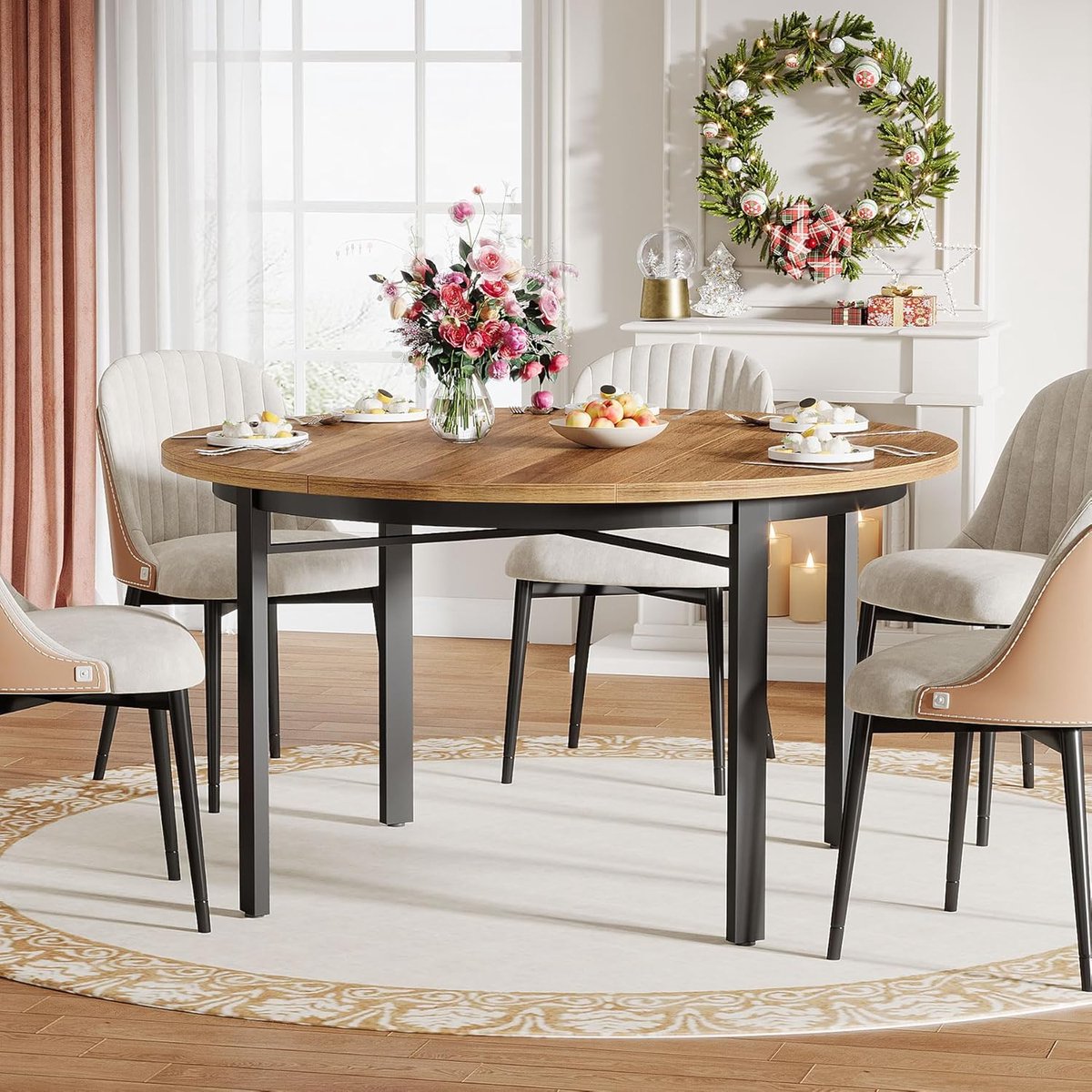 Ronde Industriële Eettafel 120 cm – Rustieke Bruine Keukentafel voor 4-6 Personen met Stevig Metalen Onderstel & Houten MDF Tafelblad 118,5 x 118,5 x 76 cm