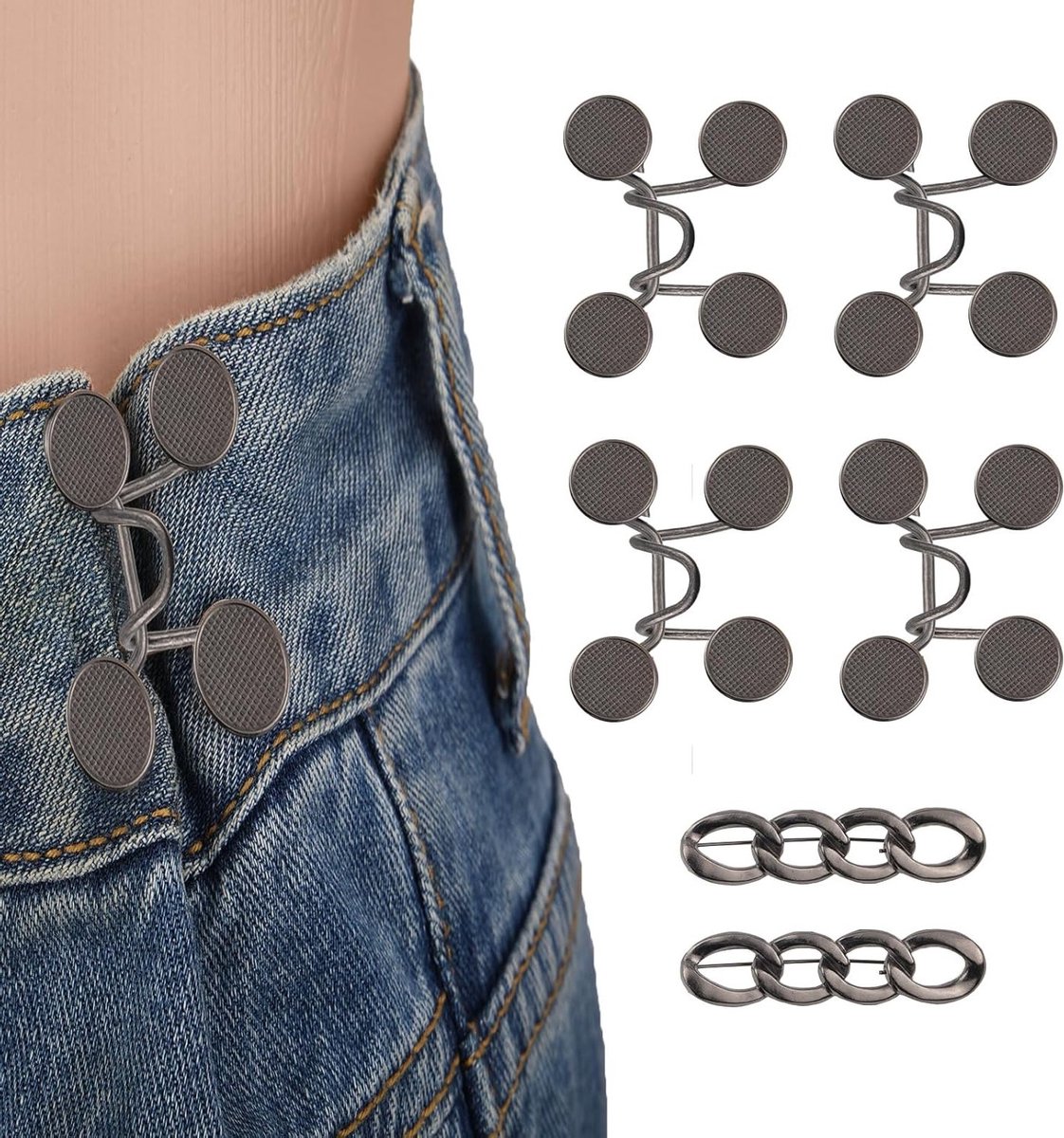 Set van 6 Tailleknopen en Pins voor Losse Jeans, Herbruikbare Tailleclip en Metalen Broche voor Kleding, Jurken en Rokken (Zwart)