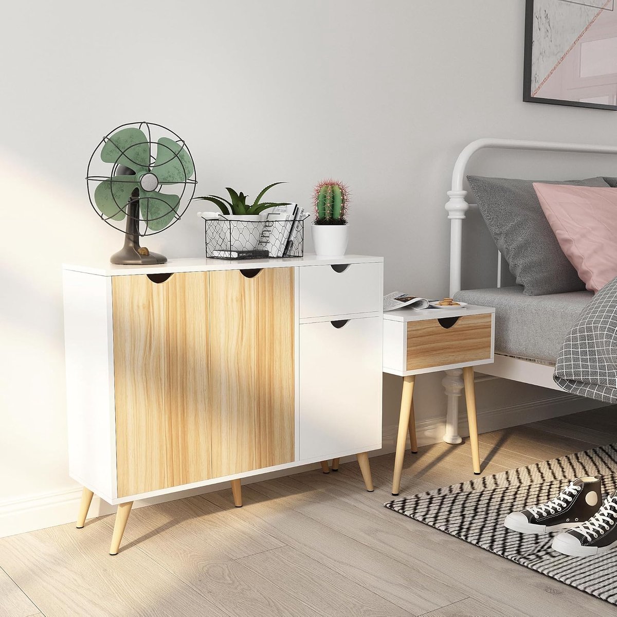 Dressoir met Laden en Deuren 90x30x74 cm – Commode Opbergkast met Kastdeuren en Open Vakken – Moderne Keukenkast Ladekast voor Woonkamer, Slaapkamer en Hal Wit Eiken – Urbanhome