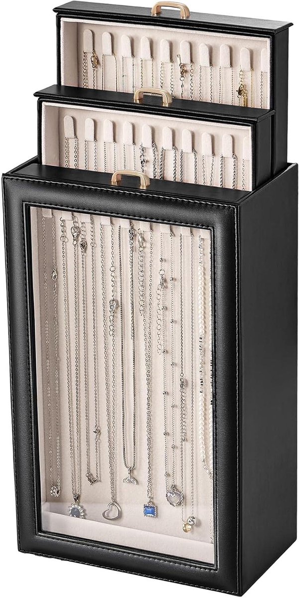 Ketting Organizer - Sieraden Opberger - Kluwen Vrij Houden - 3 Laden en Haken - 20x12x32 cm - Zwart