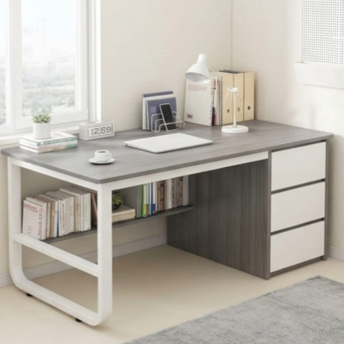 Hoekbureau 100x48x75 cm met Boekenkast en Laden – Compact Computerbureau met Opbergruimte, Modern Werkbureau voor Homeoffice en Slaapkamer – Urbanhome