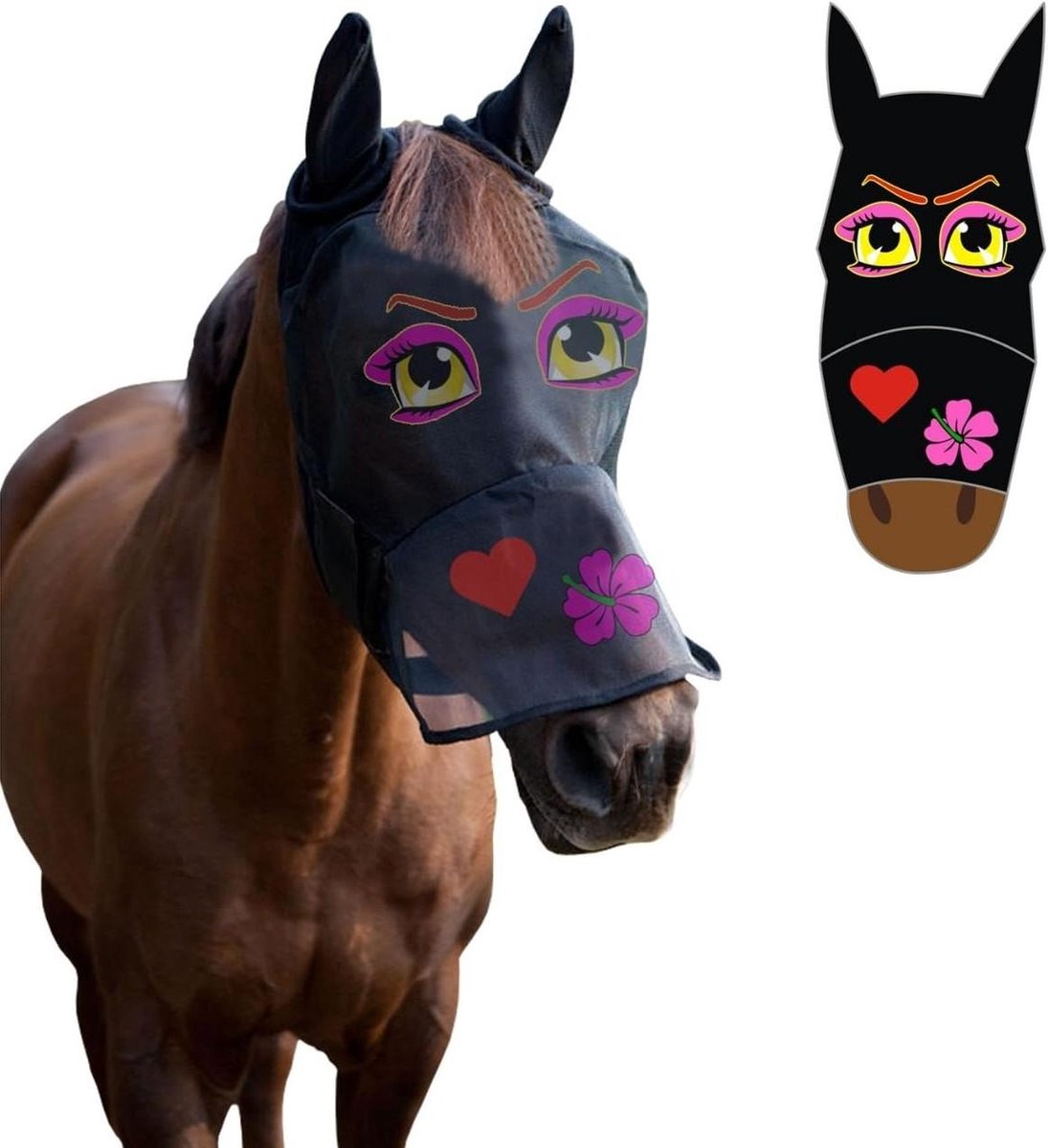 Vliegenmasker Paard Pony - Netto Sluier Hood - Bescherming Tegen Insecten - Volledig Gezicht Cartoon - Cob Maat - Zwart