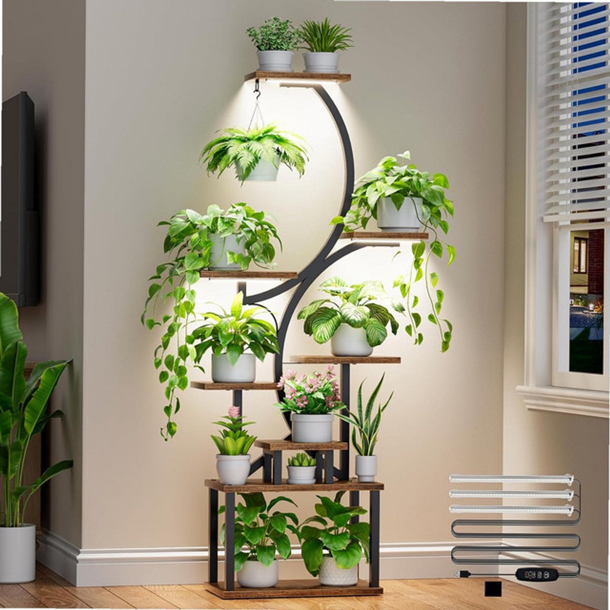 Sierra, plantenstandaard voor binnen met kweeklampen, plantenrek van 157,5 cm hoog, verlicht hoekrek voor planten, voor binnenteelt, 8 lagen, groot, S-vormig, decoratief, rek voor woonkamer, zwart