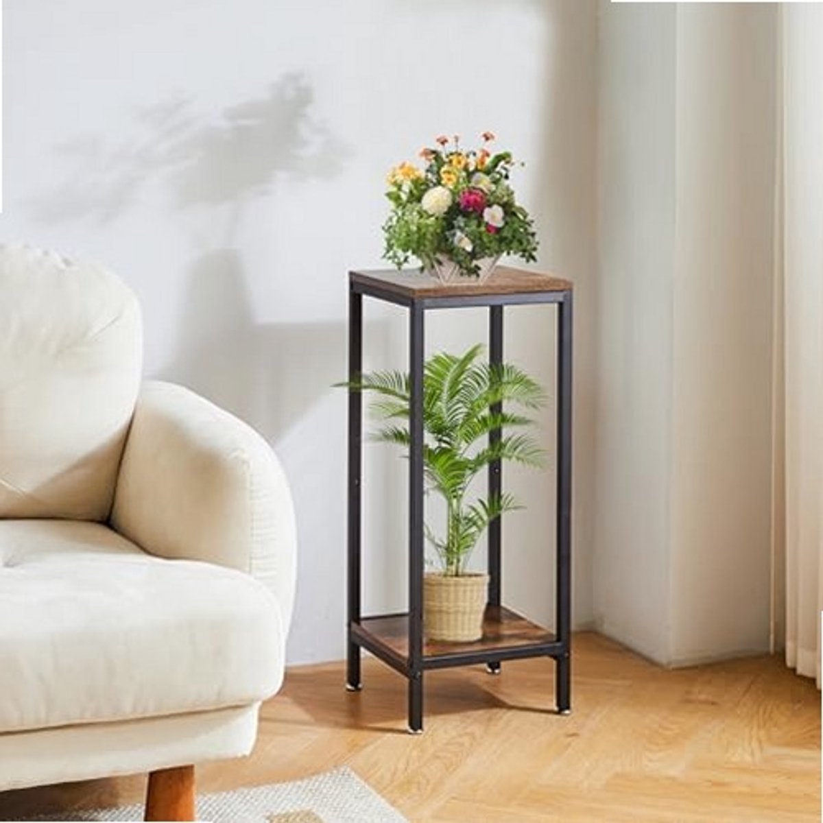 Sierra, 30 inch hoge plantenstandaard binnen, 2 niveaus houten hoek plantenstandaard, moderne vierkante plantenplank bloempot houder voor woonkamer terras balkon tuin, rustiek bruin TMJ071H