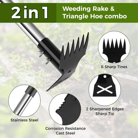 Onkruidtrekker Lange Steel - Onkruidverdelger Tuinschoffel - Efficiënt Onkruid Wieden - 2-in-1 Dubbele Kop - 63 inch - Zilver van Merkloos	 — afbeelding 3