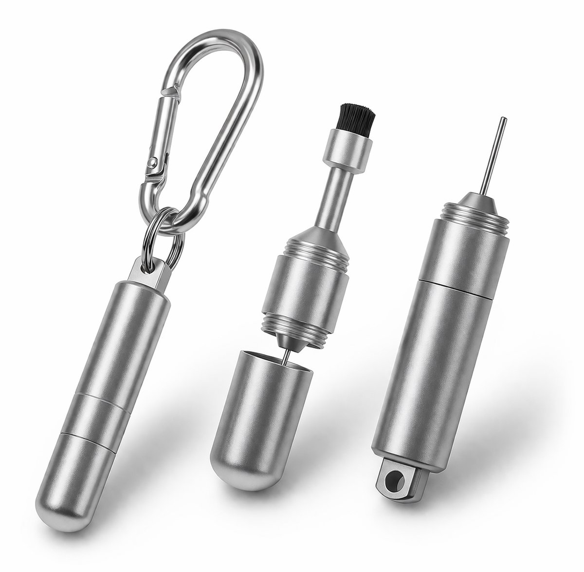 2-in-1 SIM-kaart Verwijdertool met Reinigingsborstel – Aluminium Sleutelhanger SIM Pin, Telefoon & Oordopjes Reinigingskit, Compact en Draagbaar
