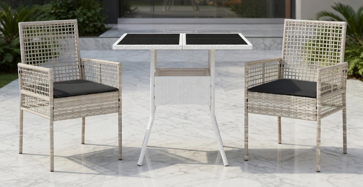 Lichtgrijze 3-delige Polyrattan Tuinset met - Tuinset Tafel Stoelen – Weerbestendig - Meda