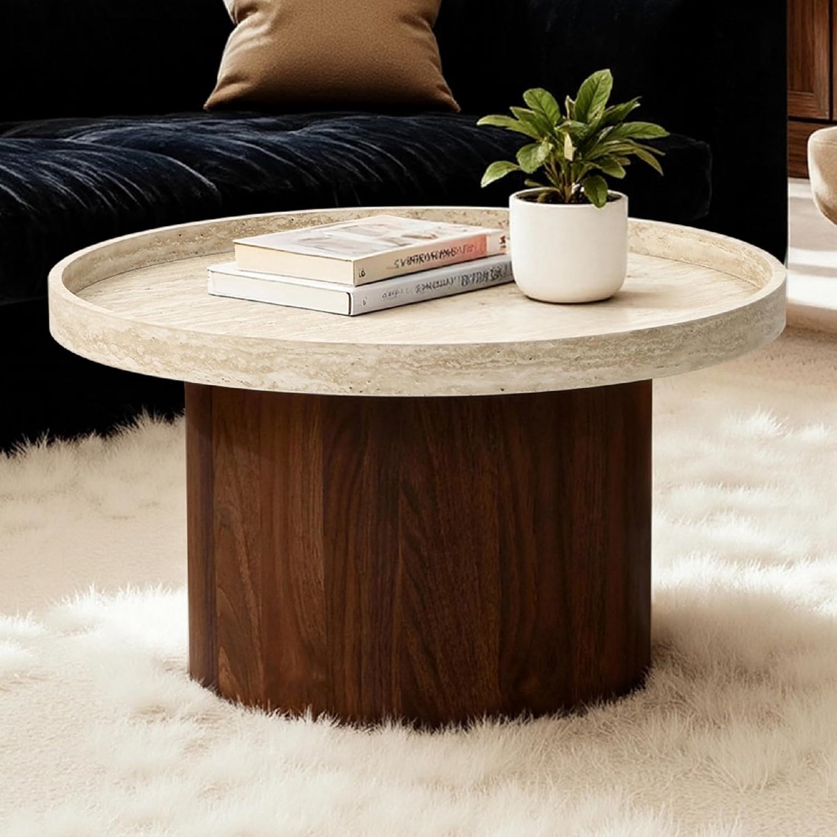 Salontafel rond 60 cm – travertin look tafel met dienblad 60x60x34,5 cm – moderne minimalistische woonkamertafel in bruin hout – Urbanhome