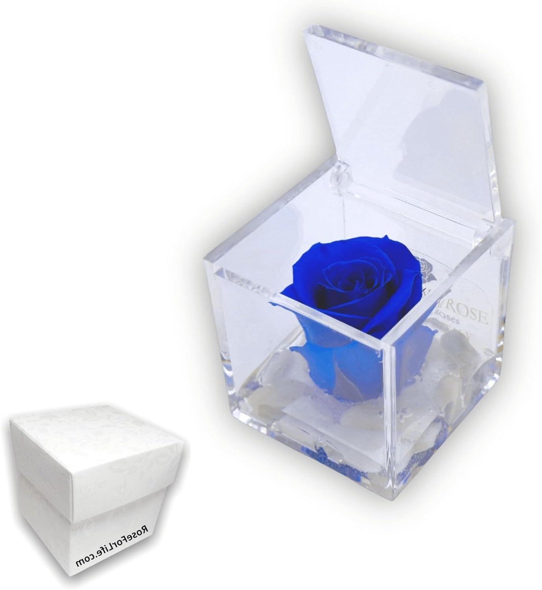 Gestabiliseerde Roos Kubus - Eeuwige Roos Decoratie - Romantisch Cadeau Geven - Met Carrara Marmer - 5 cm - Blauw