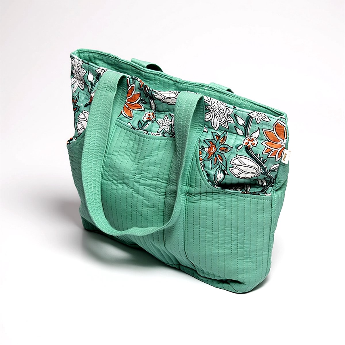 Cavill - Handgemaakte Katoenen Boodschappentas - Mintkleurig met Bloemenmotief - Duurzaam, Ruim en Praktisch - Stijlvolle Sieraden Koffer