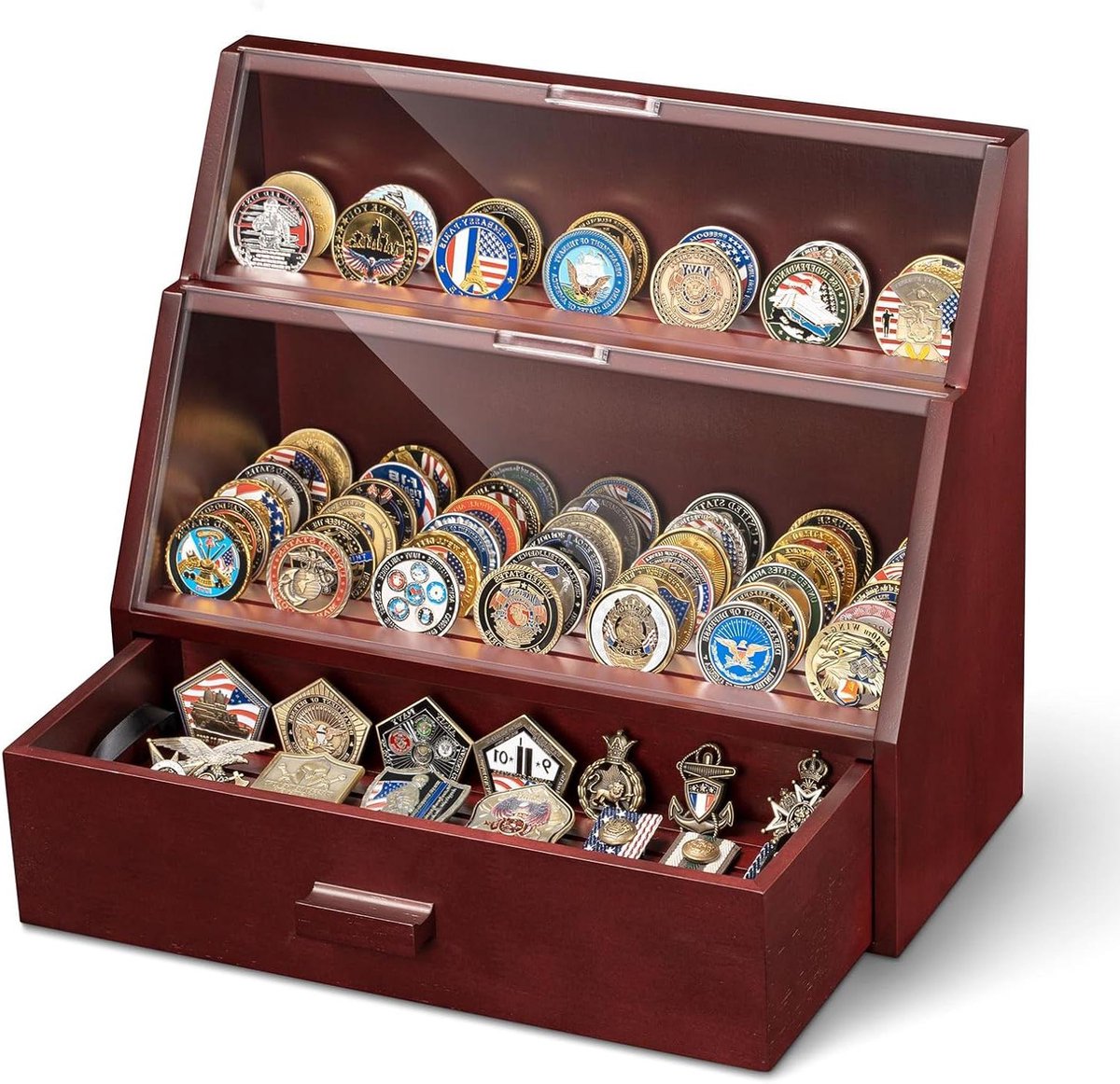 Muntvitrine - Medaillehouder - Collecties Tonen - 13 Rijen Grote Capaciteit - 35x14.9x30 cm - Mahonie