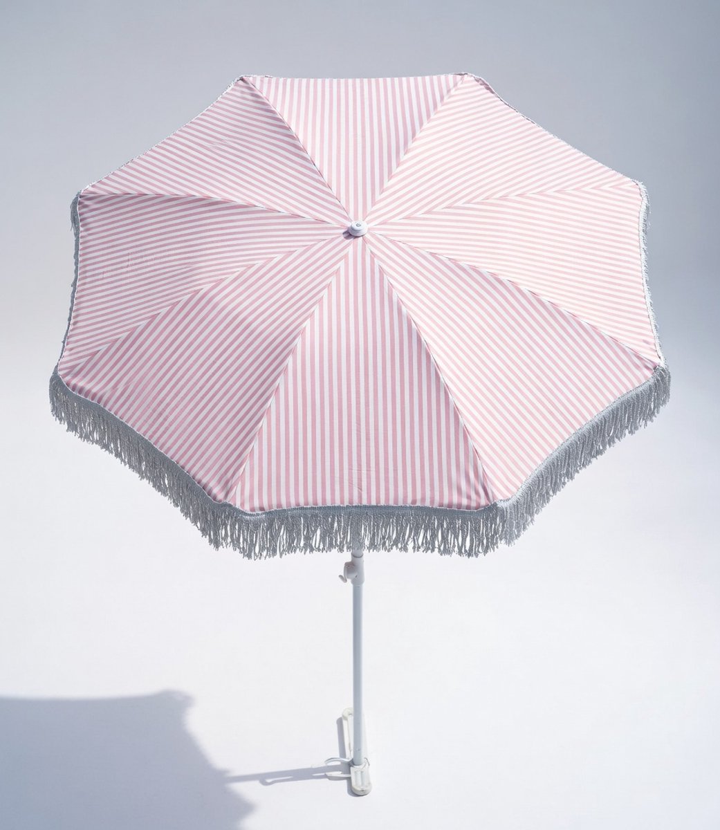 Romantische Strandparasol Roze & Wit Gestreept met Franjes 1,4 m – Draagbare Inklapbare Tuinparasol / Camping Parasol / Strandparasol met UV-bescherming – MedaHomeStore