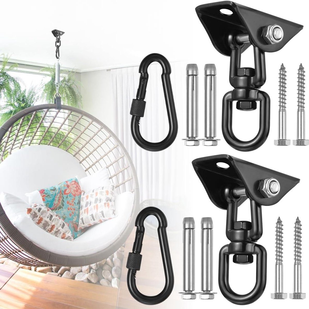 Hangmat Ophangkit - Hangstoel Hardware - Ontspannen Buiten - 360 Graden Rotatie - 1200 Lbs Capaciteit - Zwart