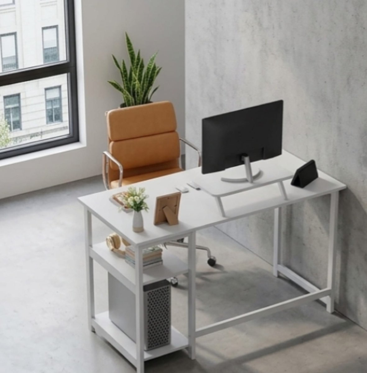 Bureau 120x50x75 cm met Opbergruimte en Monitorstandaard – Computer Bureau / Thuiskantoor Bureau met Verstelbare Hoogte – Modern Wit – Urbanhome