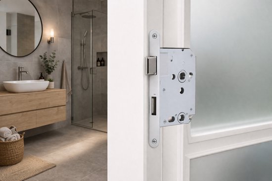 Wit Slotman Solutions insteekslot gemonteerd in een witte deur, met een badkamer op de achtergrond.