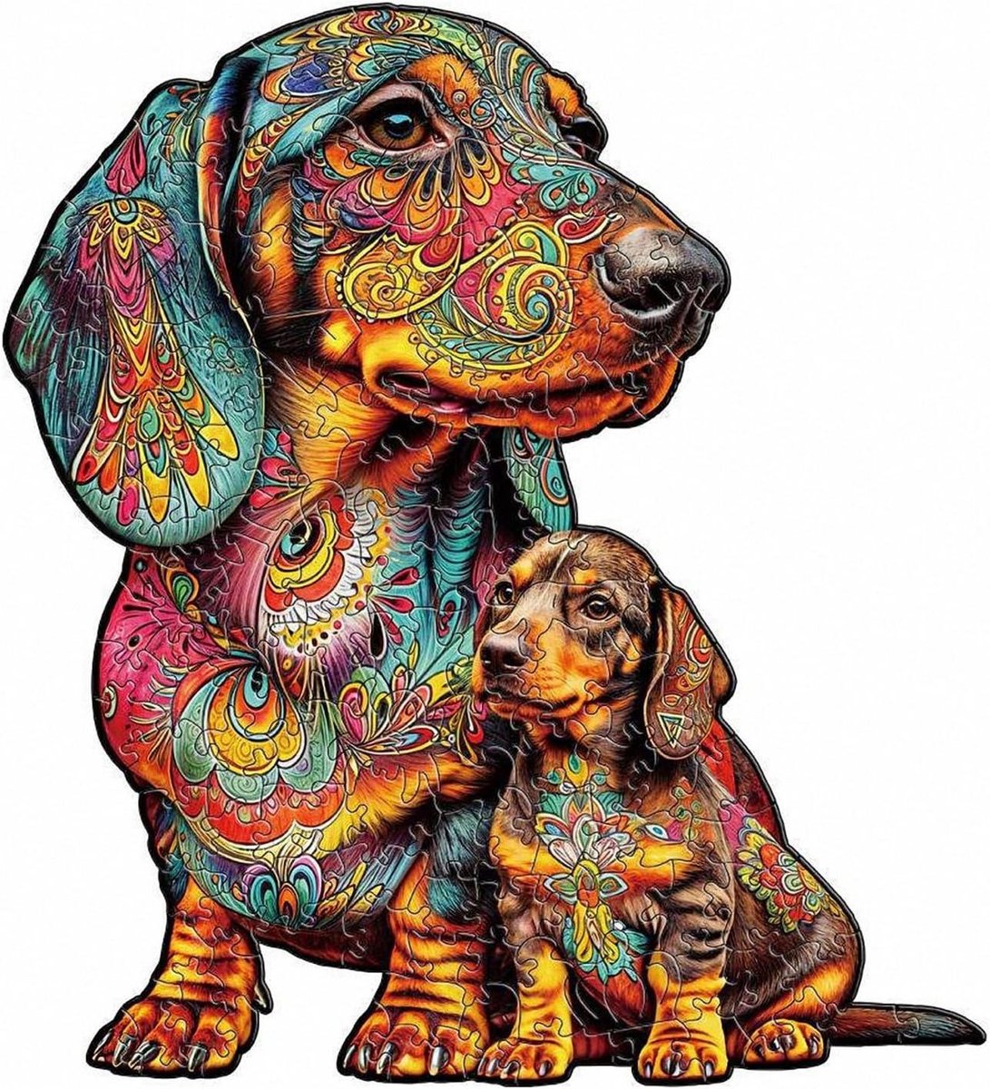 Houten Puzzel Hond - Dierenpuzzel Puzzelspel - Ontspanning en Decoratie - Onregelmatig Randdesign - 297 x 42 cm - Teckel