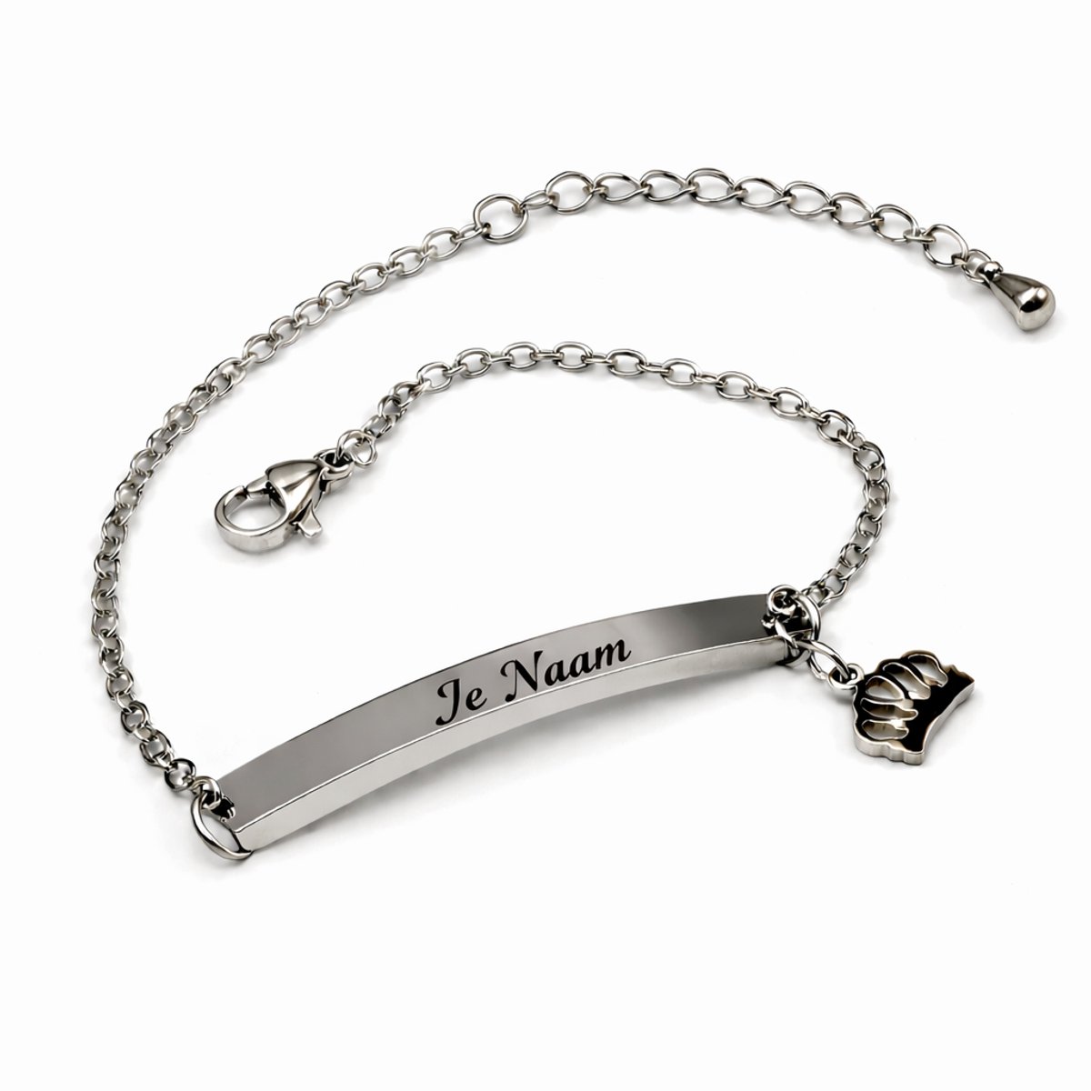 Armband met graveer, Armband met naam, Gepersonaliseerde naamarmband met kroonbedel - zilverkleurig, Armband met naamplaatje ,graveerarmband