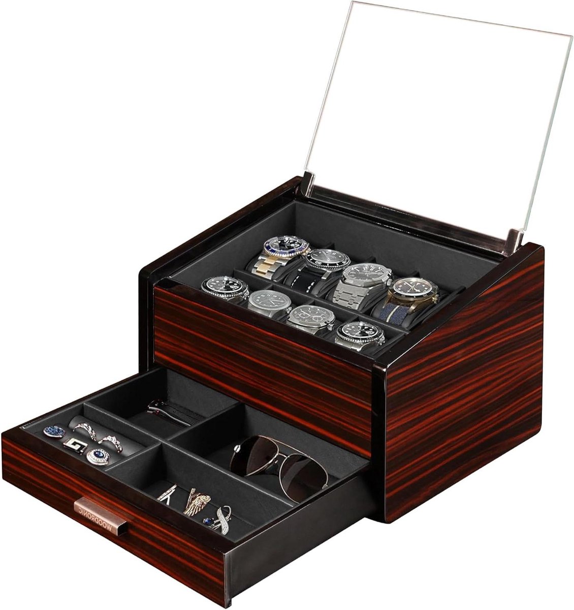 Houten Horloge Kist - Horloge Opberger - Horloges Organiseren - 10 Luxe Vakken - 2 Lagen - Bruin