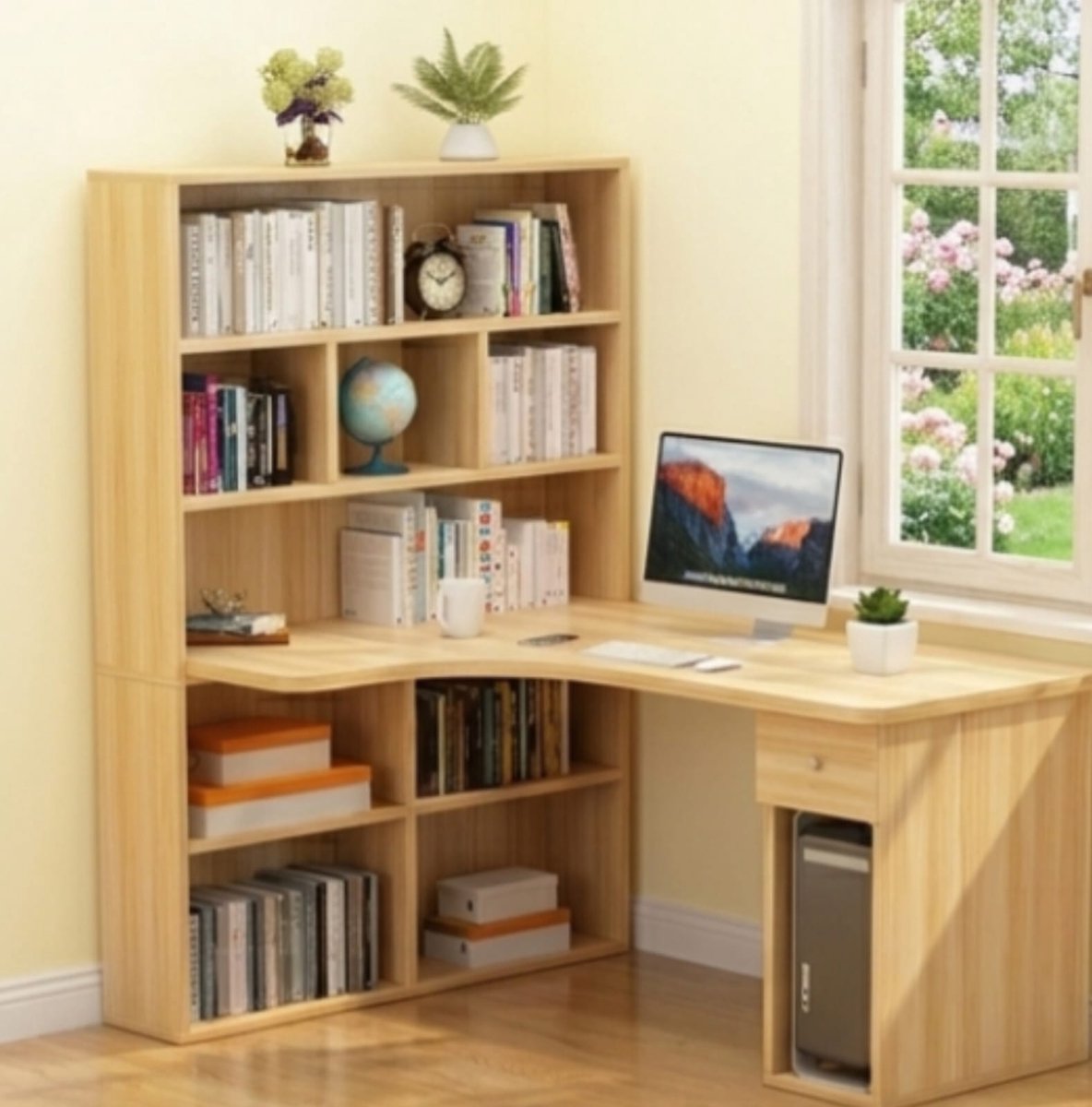 Hoekbureau L-vorm 120x60x160 cm Natuurlijk Hout met Opzetstuk en Lade – Omkeerbaar Computerbureau met Planken, Modern Werkbureau voor Thuiswerkplek – Urbanhome