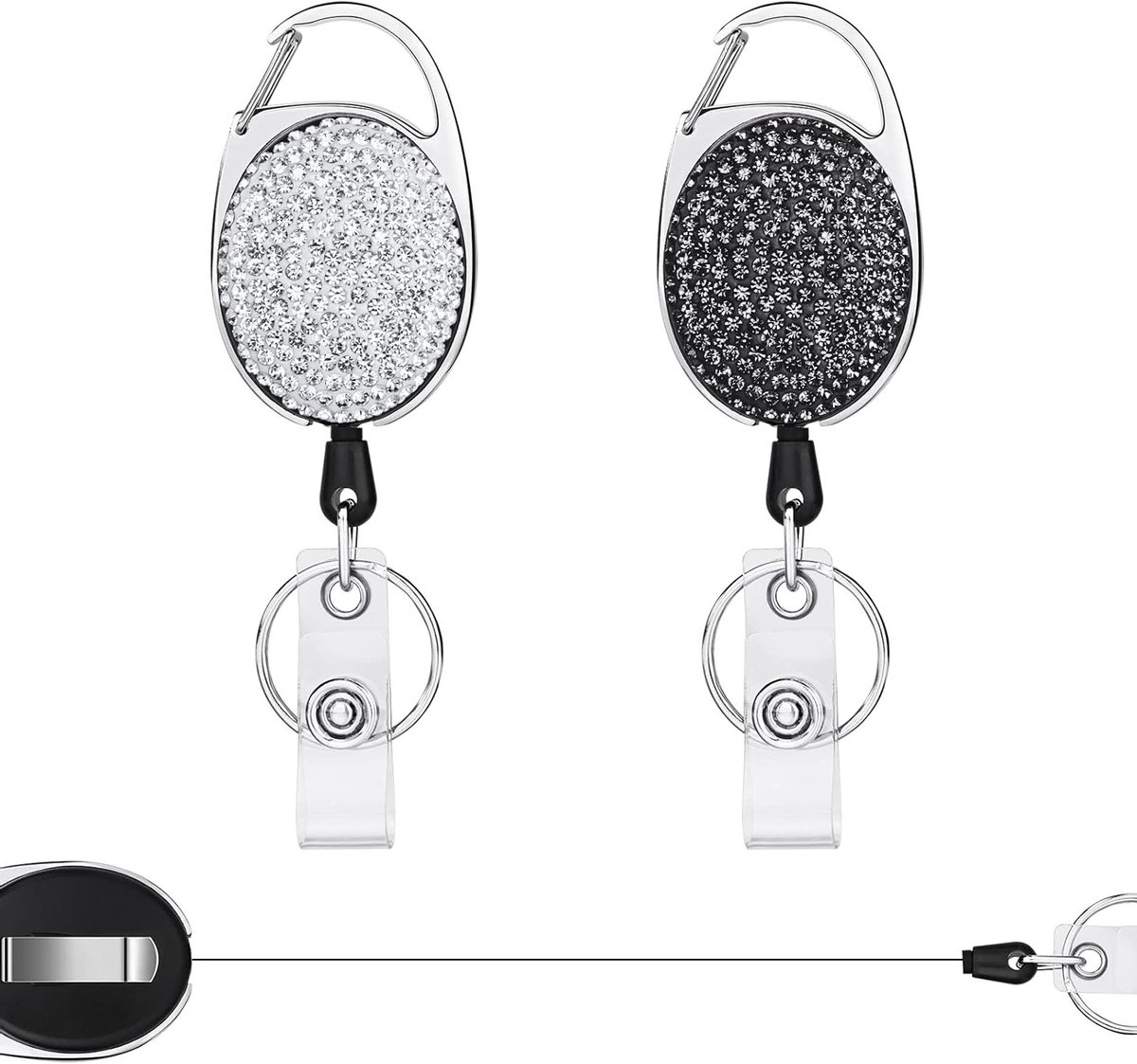 Retractable Sleutelhanger met Bling Rhinestone, 2 Stuks, Uitbreidbaar Sleutelkoord met Sleutelhanger en Ceclip voor Onderwijs, Gezondheidszorg en Dagelijks Gebruik