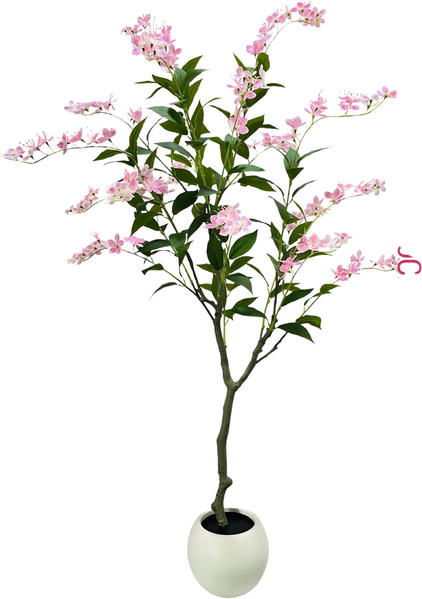 Happiq Kunstmatige Jasmijnboom - Voor Thuiskantoor & Binnen - Nepbloemplant, Faux Stijl - Witte Plantenbak - Flower Tree-180cm Roze