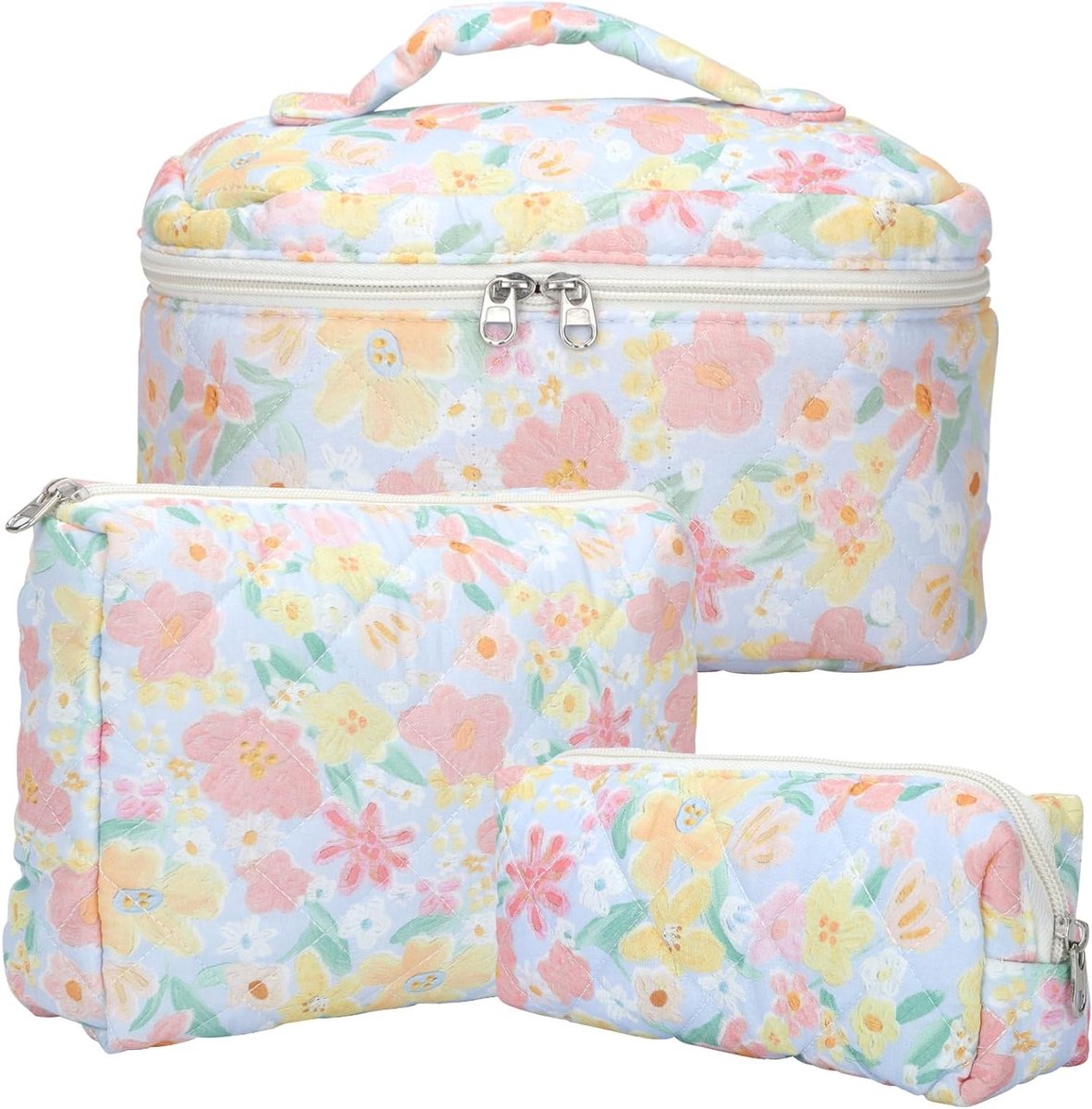 Drie-delige Make-up Toilettas voor Vrouwen - Katoenen Bloemen Cosmetica Organizer voor Reisaccessoires en Make-up Essentials
