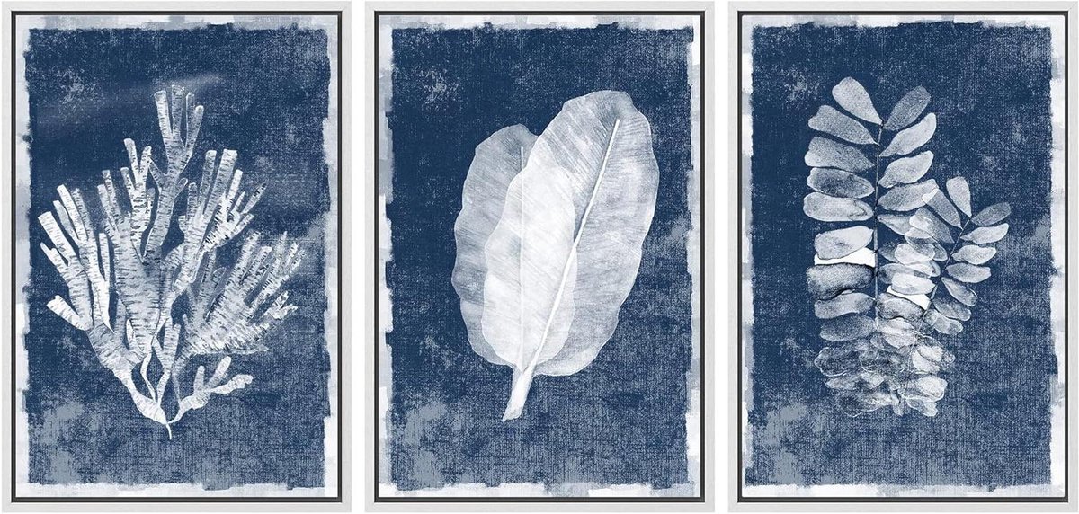 Canvas muurkunst set - Wanddecoratie schilderij - Woonkamer decoreren - Set van 3 panelen - 3x 16"x24" - Blauw en wit