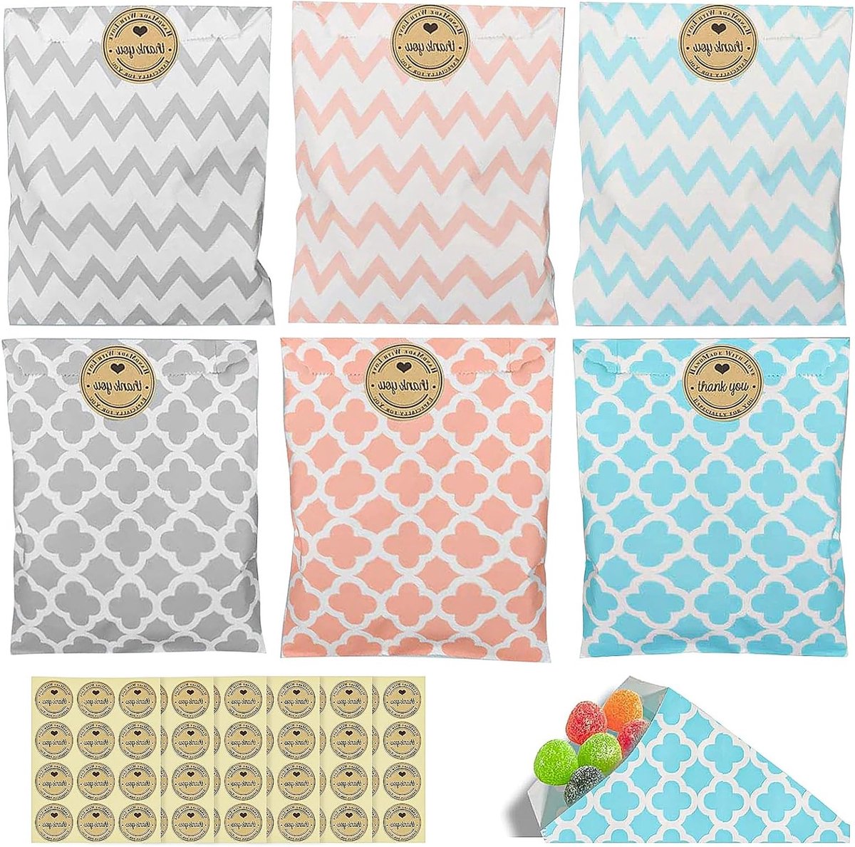 60 Stuks Papieren Cadeautasjes met Labels voor Verjaardag, Bruiloft en Feestjes - 6 Ontwerpen