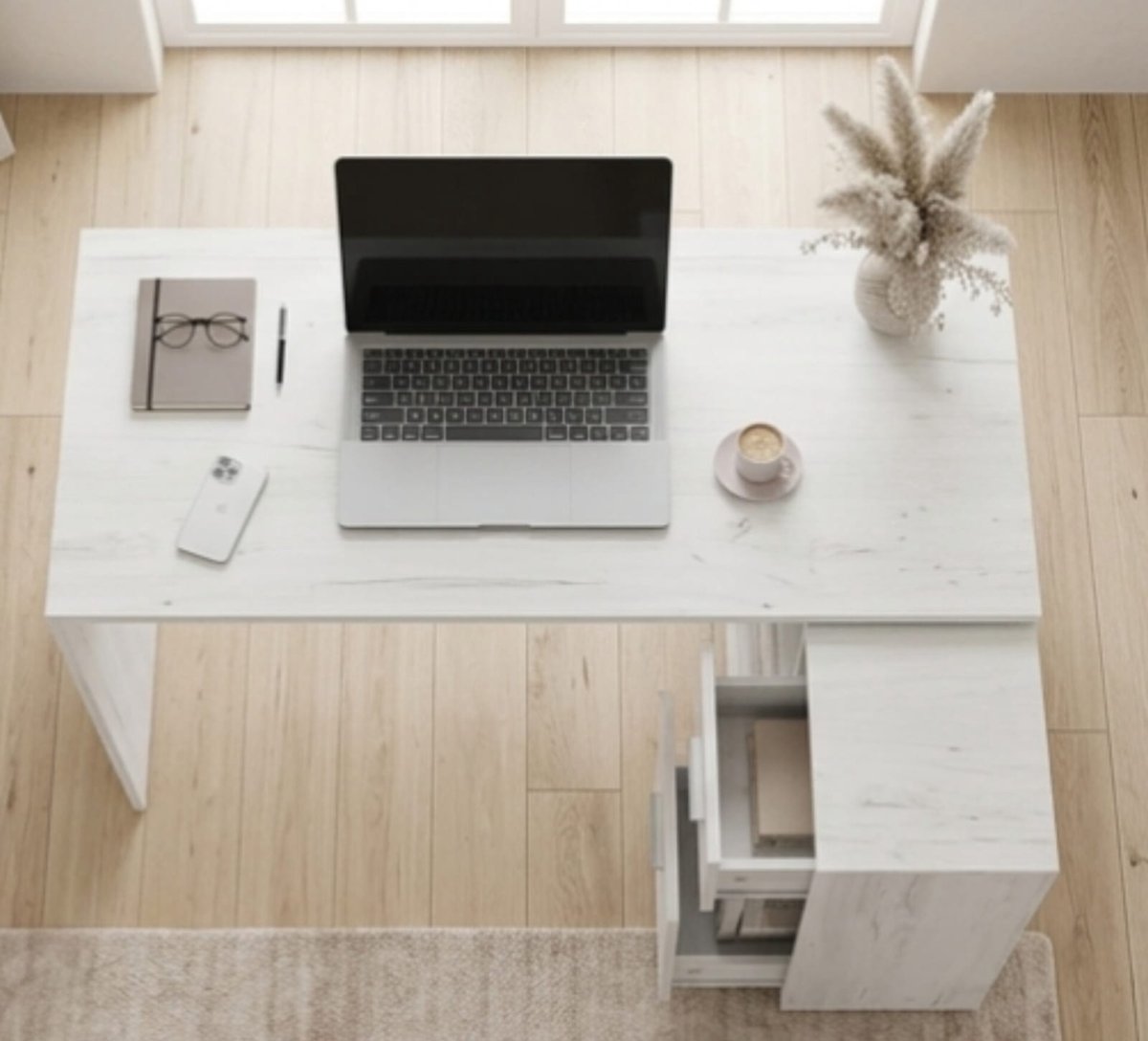 Hoekbureau L-vorm 136x101x75 cm Eiken Picard – Bureau met Lade en Opbergvakken, Modern Computerbureau voor Thuiswerkplek en Kantoor – Urbanhome