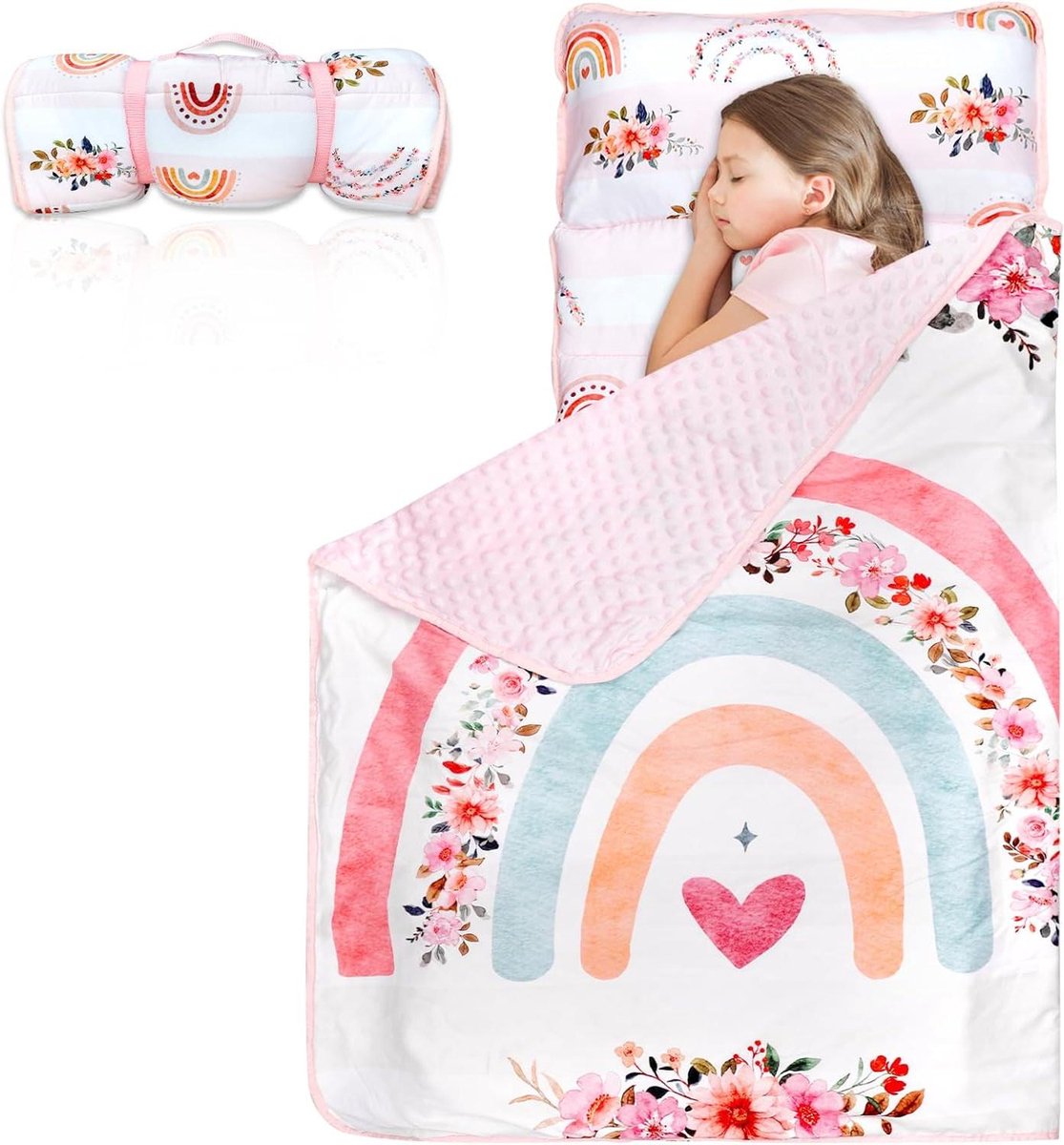 Peuter Dutmat - Slaapmat Kinderen - Logeerpartijtjes en Kinderopvang - Afneembaar Kussen en Minky Deken - 58 x 130 cm