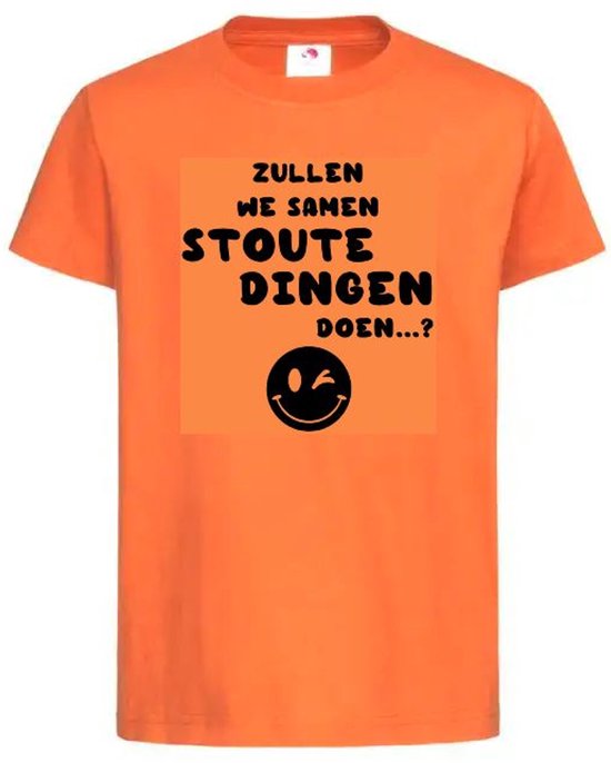 T-shirt Unisex Volwassenen "Zullen we samen stoute dingen doen...?" Op Voorkant EK WK Voetbal Europees Wereld Wereld Kampioen Kampioenschap Oranje Koning Koningsdag | korte mouw | Oranje/zwart | maat M