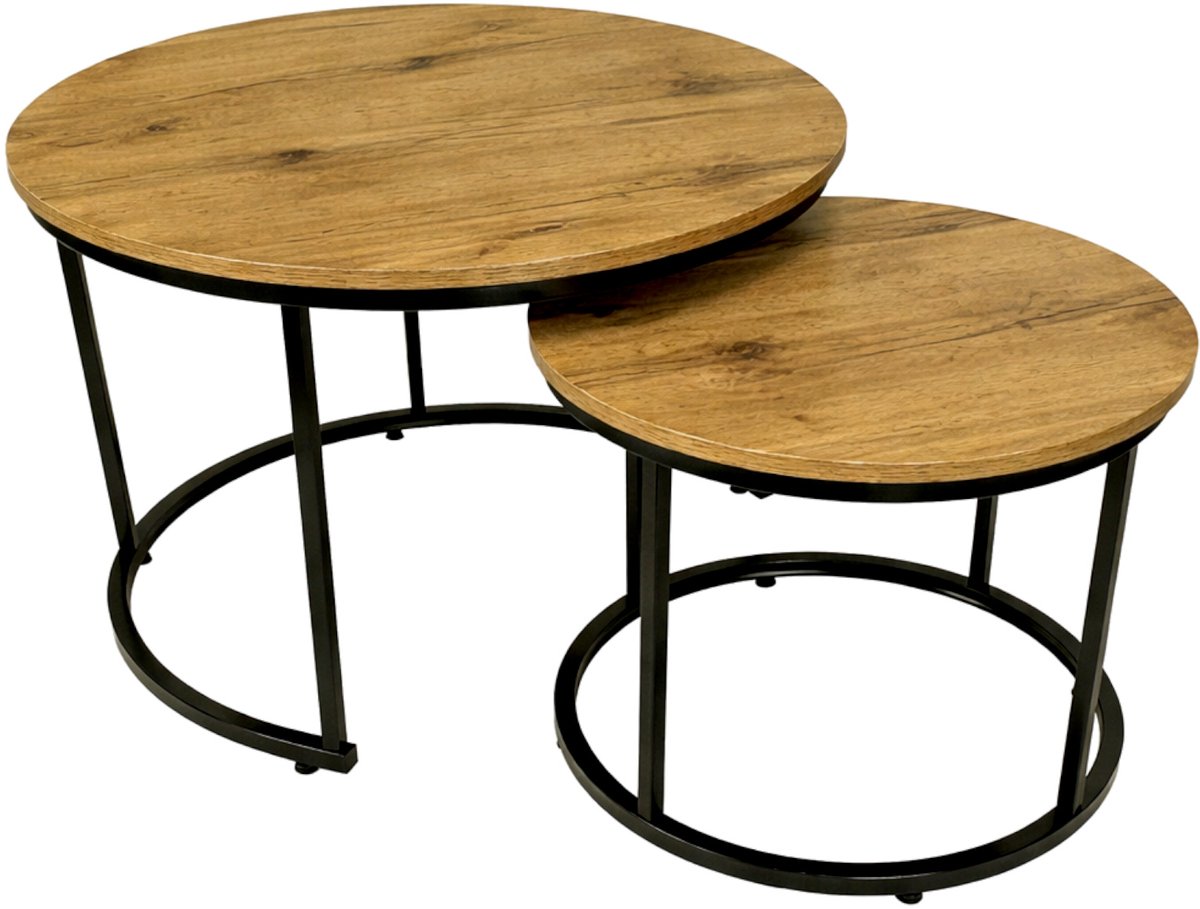 BEGRYF Industrieel - Set van 2 Salontafels - Rond - Ø 53 cm & Ø 43 cm - Elzenhout Look & Zwart