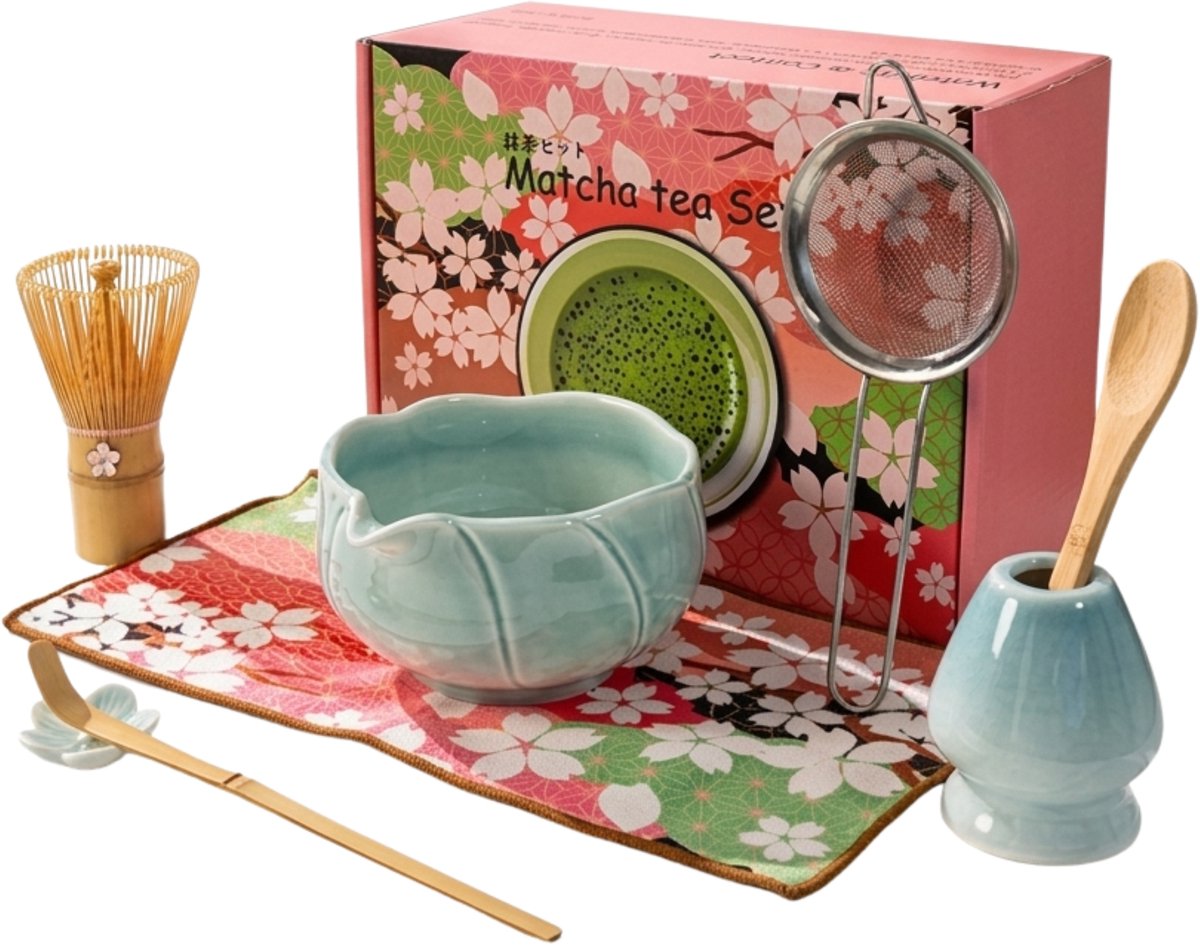 COZELLA® Matcha Set 8-Delig – Matcha Klopper - Keramieke Kom - Cadeau Set - Blauw