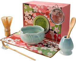 COZELLA® Matcha Set 8-Delig – Matcha Klopper – Cadeauset Cadeaupakket Vrouw – Keramieke Kom – Blauw