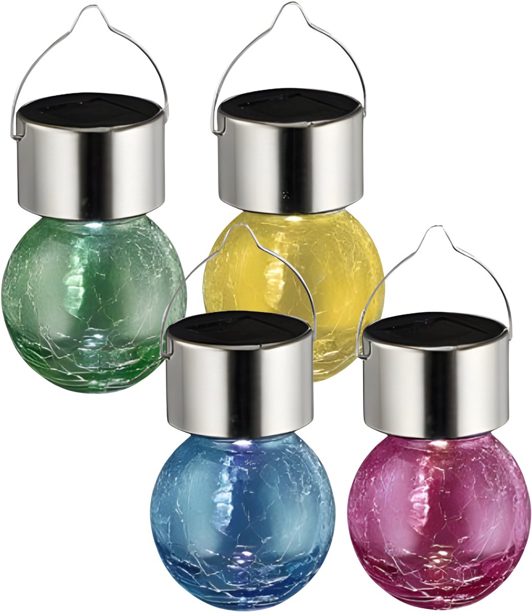 Solar sfeer hanglamp - 4x stuks - geel / groen / roze / blauw - 9 cm - glas - aan haak