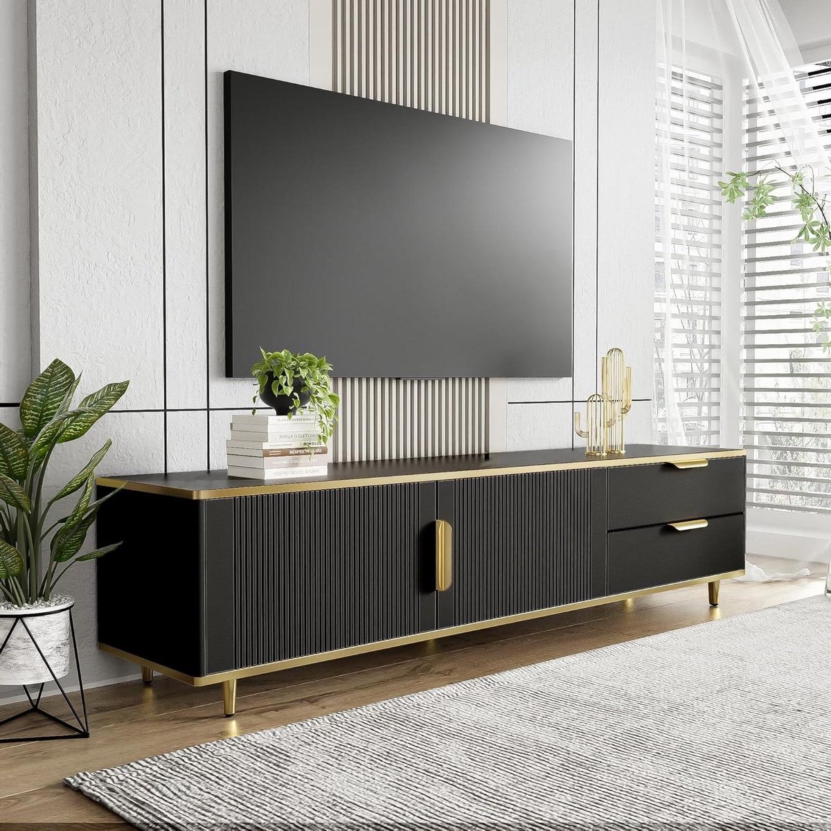 TV Kast Laag - Lowboard Dressoir - Woonkamer Meubel - Unieke Carvings - 175x40x45cm - Zwart Goud