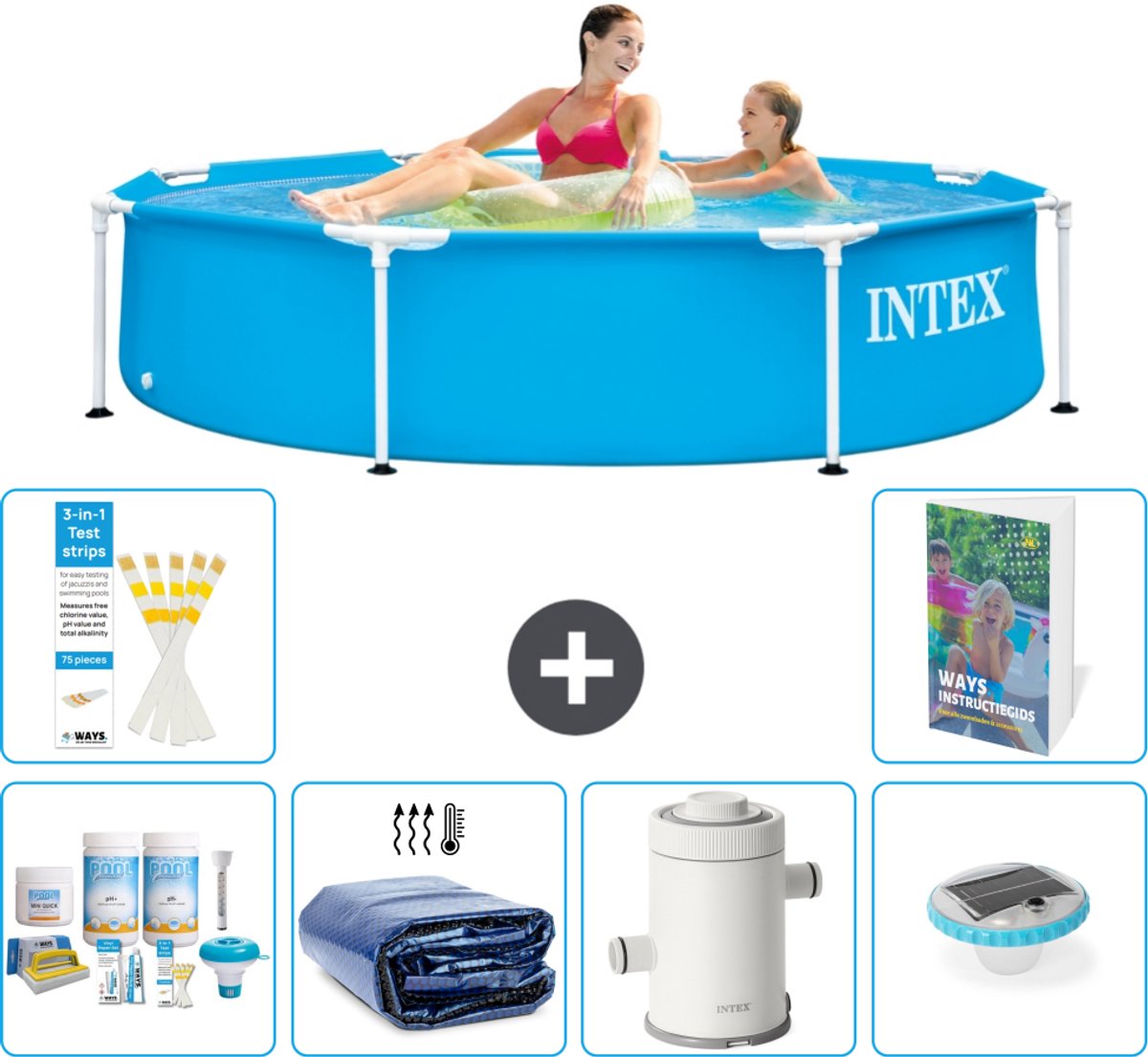 Intex Rond Frame Zwembad - 244 x 51 cm - Blauw - Inclusief Onderhoudspakket - Solarzeil - Zwembadfilterpomp - Verlichting - 7-delig