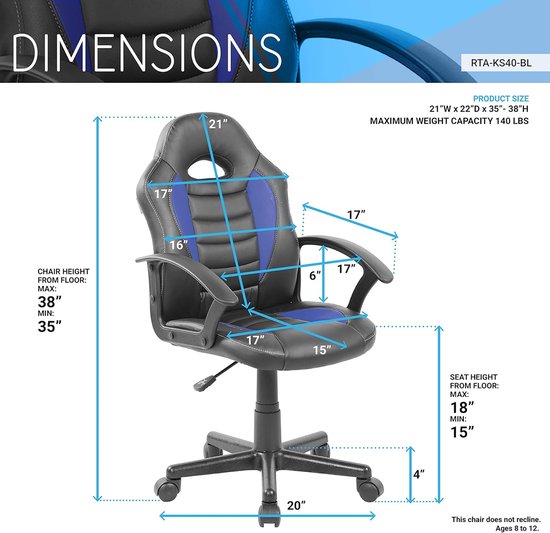 Kinderstoel met Wielen - Gamestoel Kinder - Gaming Huiswerk - Pneumatische Hoogteverstelling - 22"D x 21.25"W x 38"H - Blauw — afbeelding 3