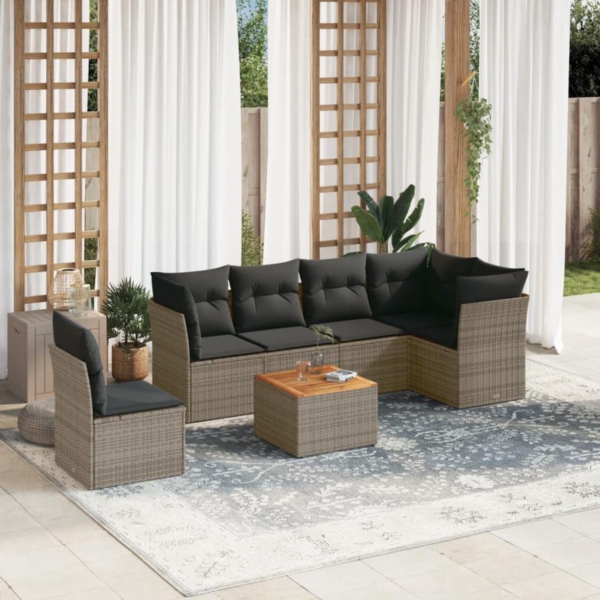 Loungeset Tuin 7-Delig 73x58x28 cm – Modulaire Polyrotan Lounge met Kussens – Weerbestendige Outdoor Hoekbank Set voor Balkon, Terras & Tuin – Grau – Urbanhome