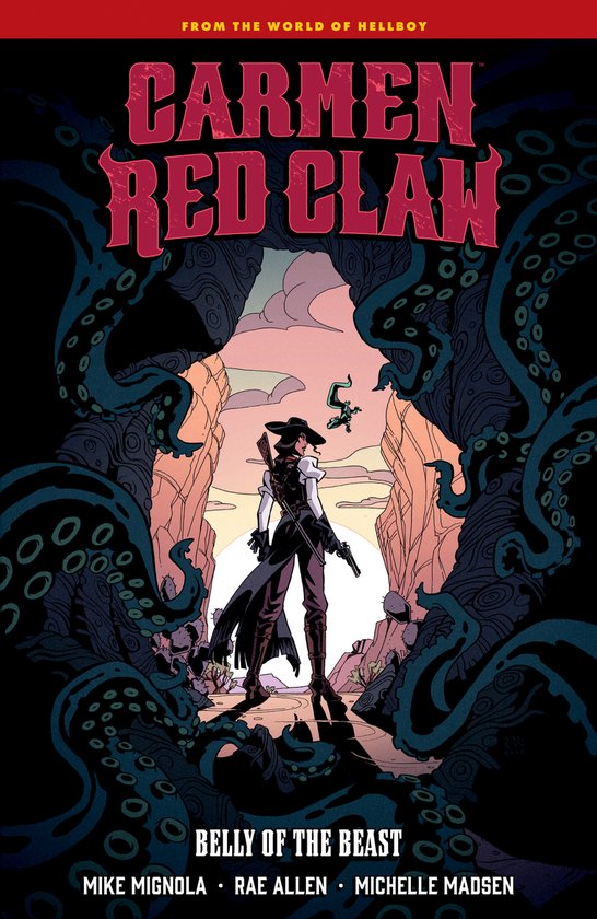 Carmen Red Claw: Buik van het Beest, comic met een cowboyvrouw in het midden, omringd door tentakels.