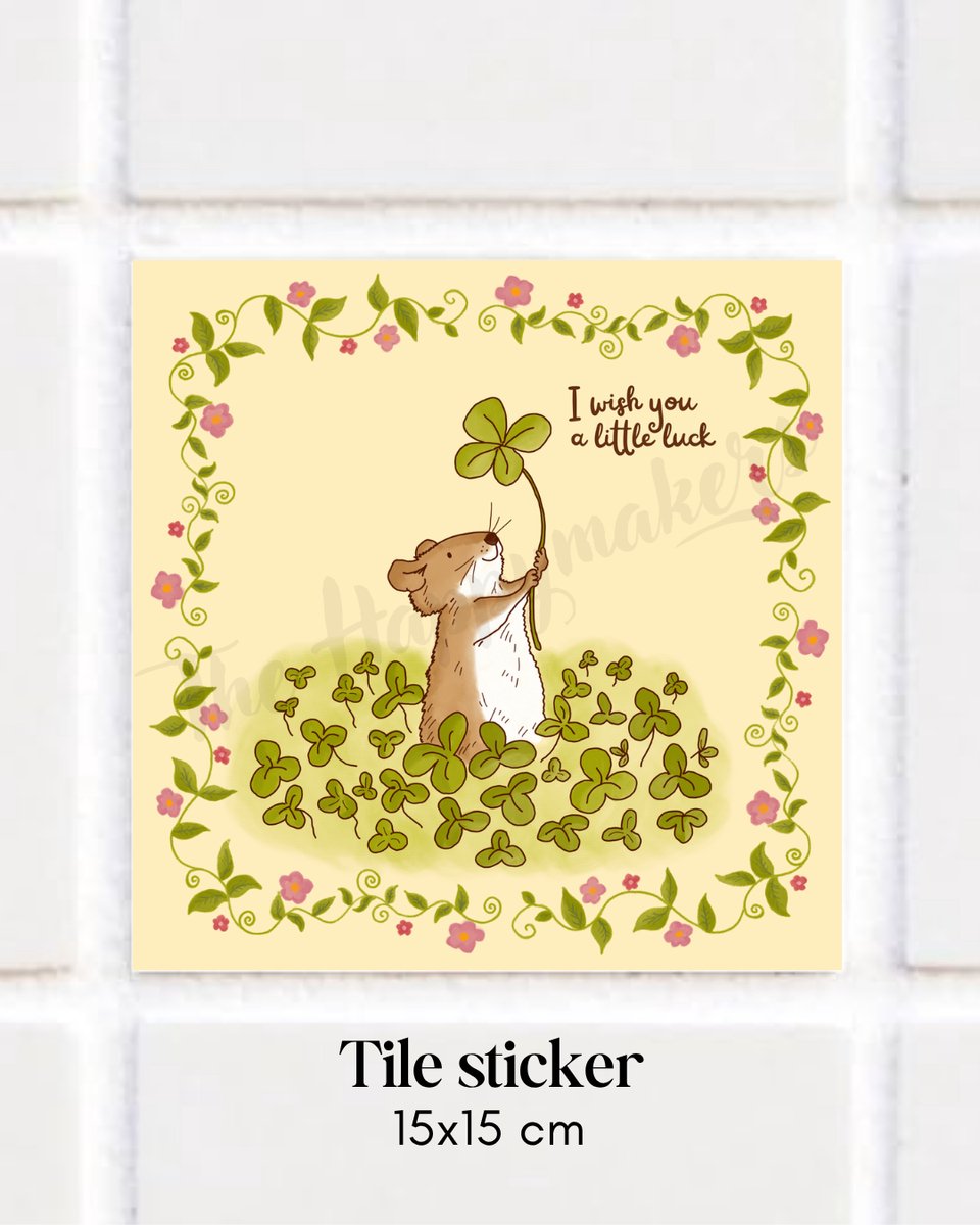 Tegel sticker met spreuk en illustratie , ''i wish you a little luck'' 15x15 cm, klavertje vier, geluk, spreuktegel, badkamertegel, keukentegel, woondecoratie, decoratie tegel, waterproof tegel, tegeltjeswijsheden, cadeau, handgemaakt, muursticker