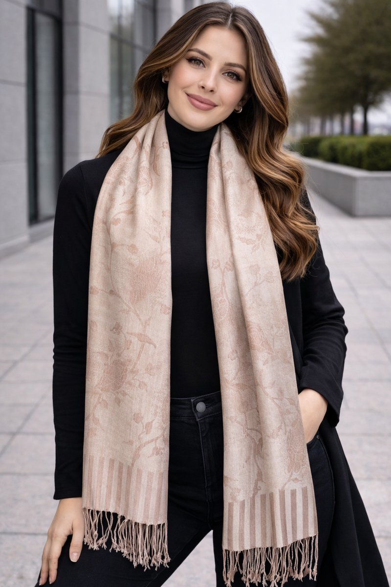 Pashmina Sjaal Dames – Luxe Zachte Sjaal met geweven Tulpprint – Warme Omslagdoek – Wintersjaal – Modesjaal – Meerdere Kleuren 215/4- Camel