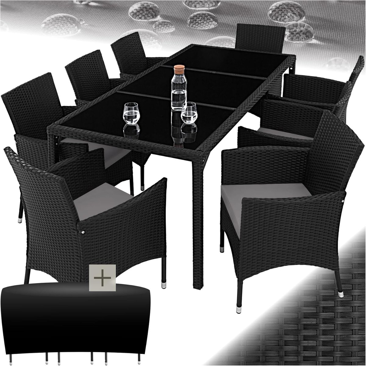 Tuinset Lounge Set 8 Personen 208x110x83 cm – Polyrotan Eettafel met Stoelen, Weerbestendig Balkonmeubel Zwart/Grijs – Nicolehome