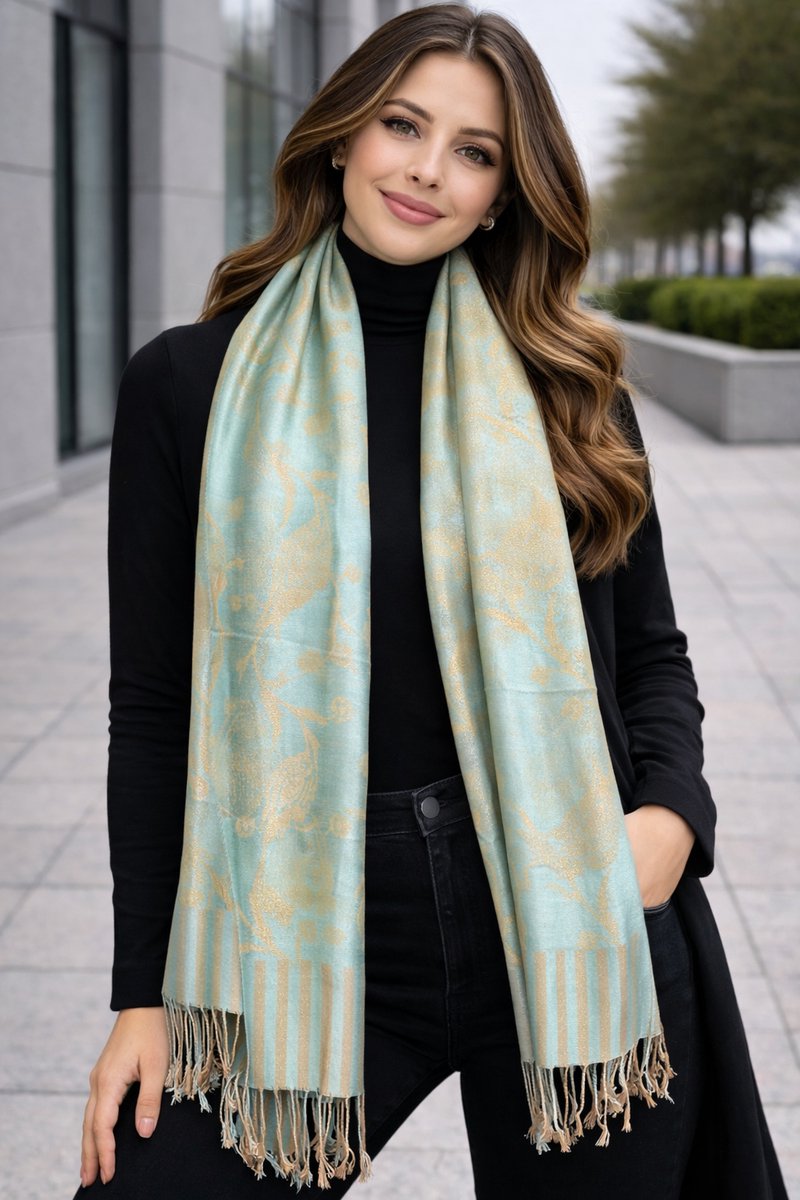 Pashmina Sjaal Dames – Luxe Zachte Sjaal met geweven Tulpprint – Warme Omslagdoek – Wintersjaal – Modesjaal – Meerdere Kleuren 215/7- Lichtblauw