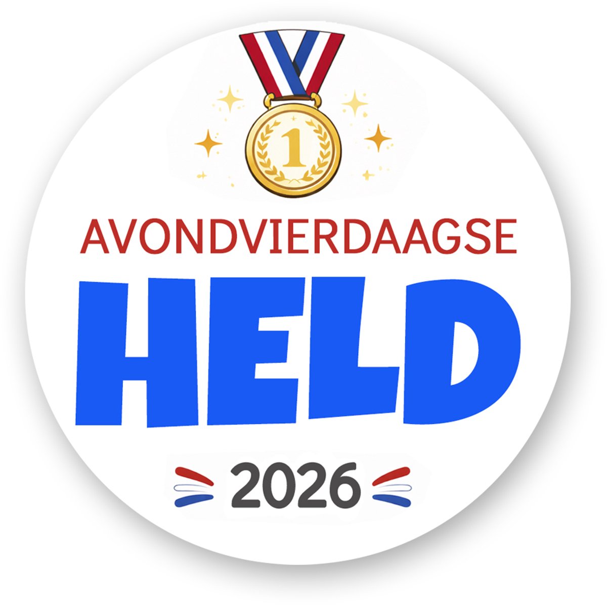 25x Sluitstickers Avondvierdaagse Held 2026 – Ø 4 cm – Traktatie / Beloning
