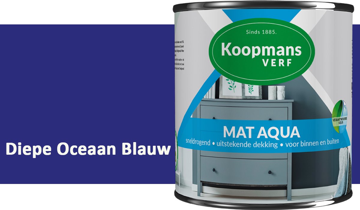 Koopmans Mat Aqua – Matte Lakverf – Streeploze Verf – Voor Deuren, Kozijnen & Meubels – Diepe Oceaan Blauw – 2,5 l