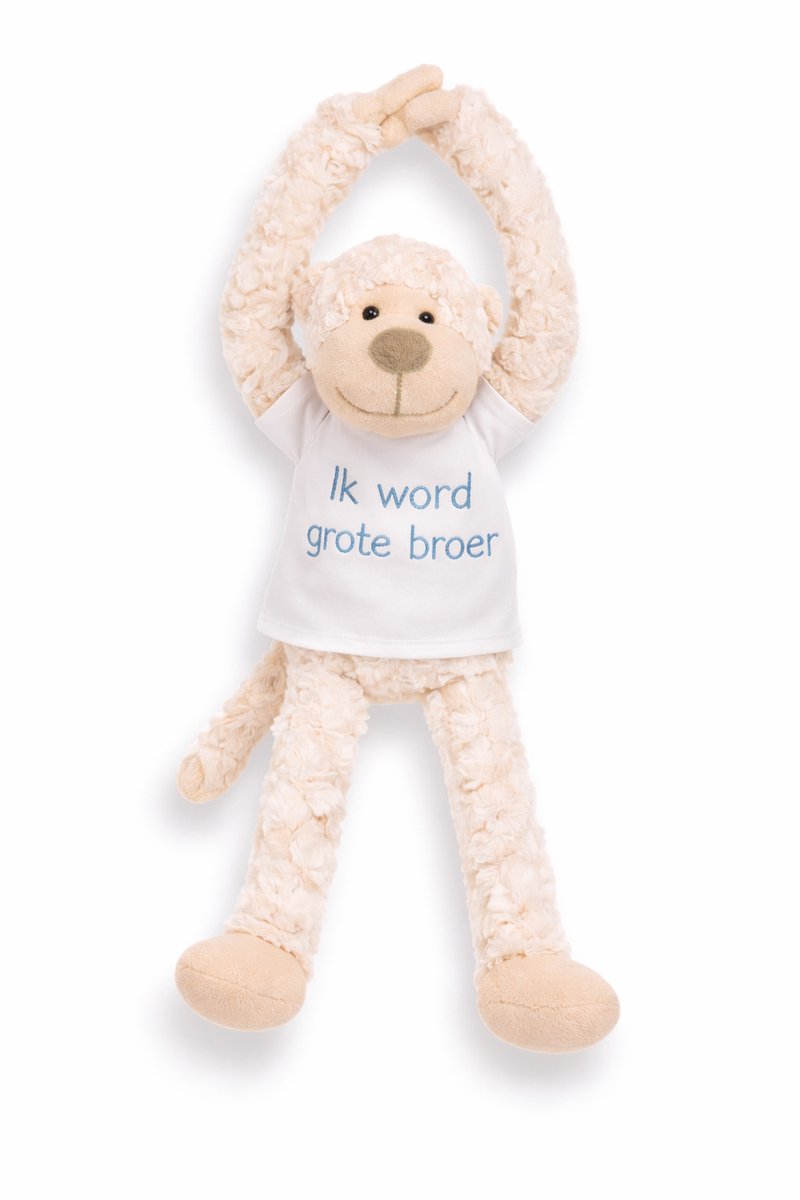 Knuffel aap met Geborduurd Shirt “Ik word grote broer ” – Zwangerschap Aankondiging – Cadeau Grote Broer – Knuffel met Tekst – Baby Aankondiging – slinger aap
