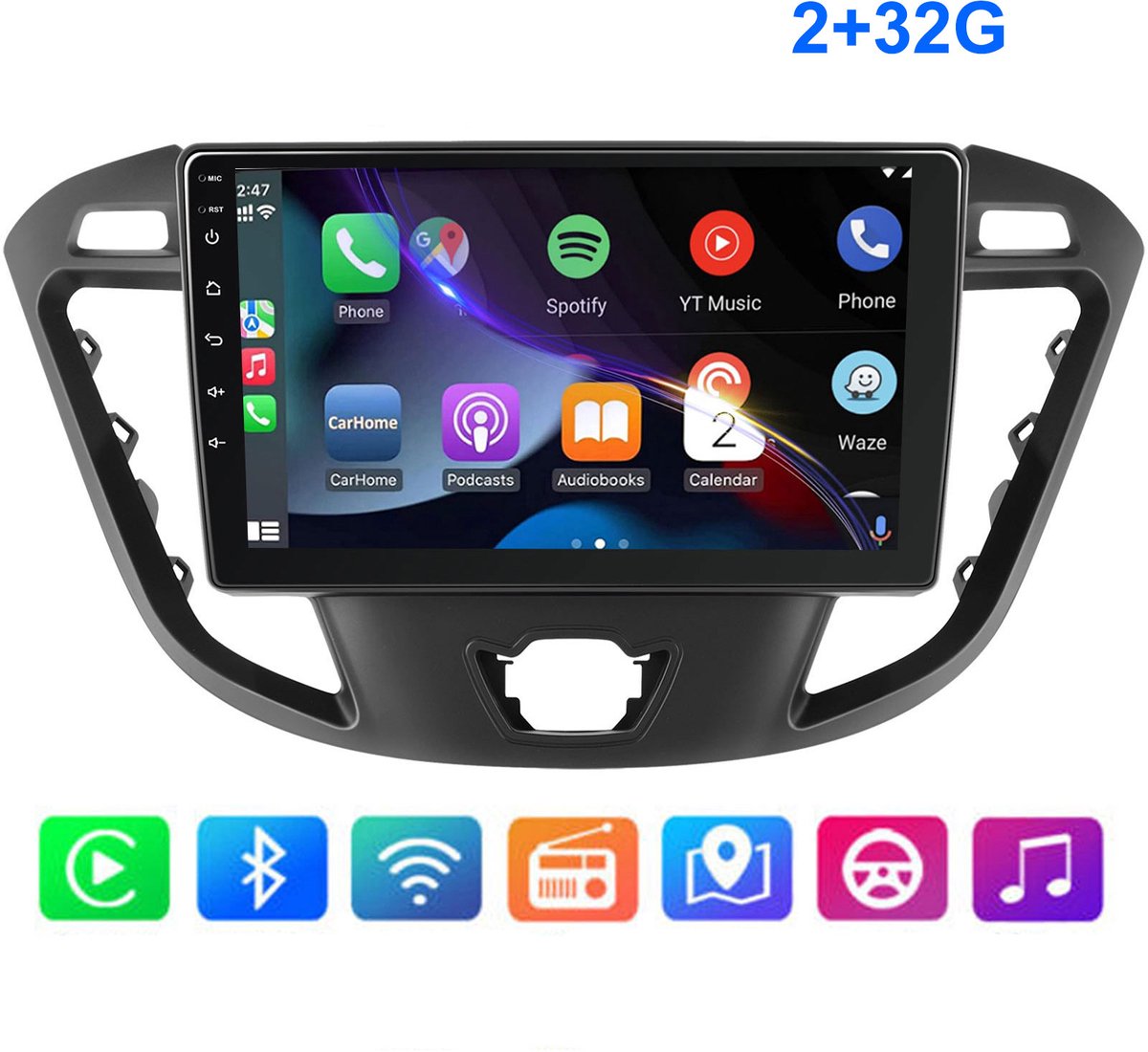 ESSGOO CarPlay autoradio geschikt voor Ford Transit Custom (2012-2021) - 9 inch touchscreen - Android 15 - Draadloos Apple Carplay & Android Auto - 2GB + 32GB - Bluetooth & Wifi GPS Navigatie