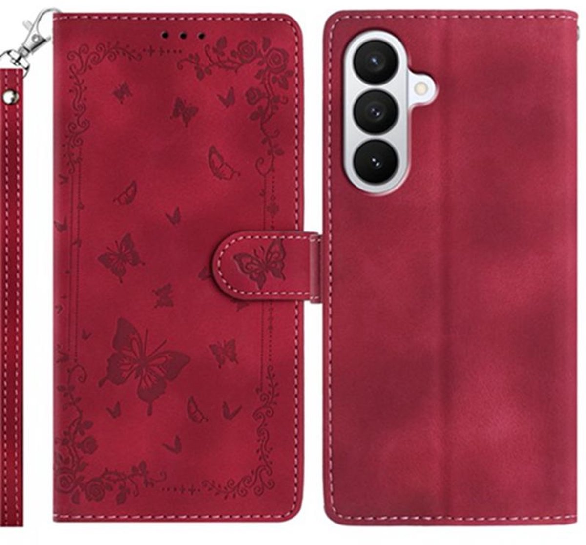 BoekCover Hoes Etui geschikt voor Samsung Galaxy A37 - A36 - A56 - Bordeaux Rood - Vlinders - Reliëf